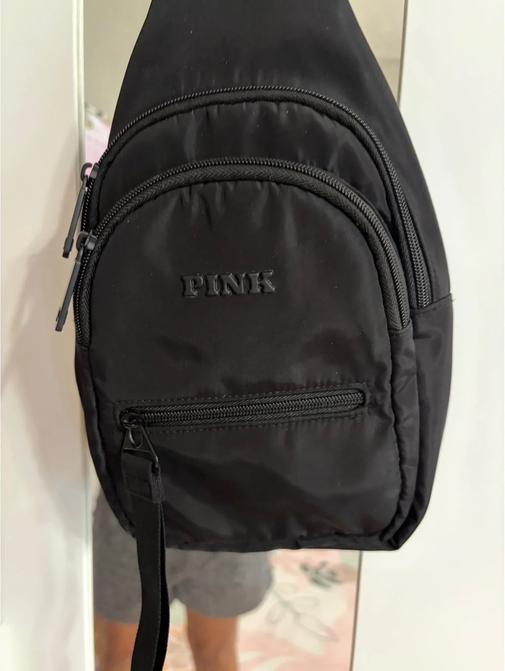 PINK Black Crossbody Sling Bag with Multiple Zippered Compartments